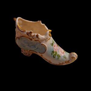 Vtg Porcelain High Heel Shoe Figurine 4" Handpainted Floral Rose Cherub Boot Dec